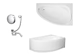 VBChome Bañera derecha de 150 x 100 cm, acrílico, juego de delantal, sifón, bañera de esquina, color blanco, diseño moderno, desagüe Viega Simplex