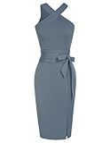 GRACE KARIN CL1586S23 Vestido para mujer con cuello halter, sin mangas, cintura definida, ajustado a la figura y envolvente en la cadera, con cinturón, azul grisáceo, L