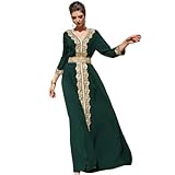 Odizli Vestido de noche largo con cuello en V, diseño árabe Dubai musulmán elegante con bordado de flores y diamantes de imitación, verde oscuro, S