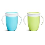 Munchkin Vaso Aprendizaje, Set de Vasos 360° con Asas, Vaso Antiderrame Libre de BPA para Bebés a Partir de los 6 Meses y Niños Pequeños, Apto para Lavavajillas, Lote de 2 x 207 ml, Azul/Verde
