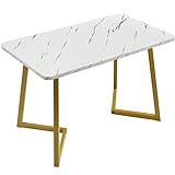I0I&I0I Mesa de comedor rectangular de mármol con patas de metal para comedor y sala de estar, diseño moderno, tablero de fibra de densidad media, estructura de metal resistente (dorado/blanco)