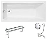 VBChome Bañera acrílica 130 x 70 cm, color blanco, rectangular, sifón, patas de bañera, diseño moderno, desagüe en cromo Viega Simplex