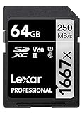 Lexar Professional 1667x Tarjeta SD 64GB, SDXC UHS-II Tarjeta de memoria, Hasta 250 MB/s de Lectura, Clase 10, U3, V60, SD para fotógrafo profesional, camarógrafo, entusiasta (LSD64GCB1667)