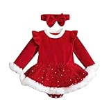 Vestido Navidad Bebé Niña Vestido Navideño de Recién Nacida Body Rojo de Terciopelo con Volantes y Manga Larga Top Mameluco de Lentejuelas con Dobladillo de Felpa + Diadema (Rojo, 6-12 Meses)