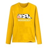 Yowablo Sudadera de manga larga Top Jersey Camisas de vaca impresas Blusa para mujer media camisa, amarillo, XL