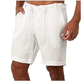 Find - Pantalones cortos de algodón para hombre, pantalones cortos de lino con bolsillos, botones en la cintura con cordones, ropa de tenis para hombre, Blanco, M