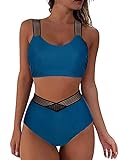Joligiao Mujer Conjunto de Bikini Dos Piezas Cintura Alta Bañador Deportivo Traje de Baño Bañador de Baño Natacion Bikini Sets Ropa de Playa(Azul,M)