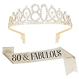 ASTER Kit de marco y tiara para 80 cumpleaños, oro rosa 80 y fabuloso marco y corona de diamantes de imitación, regalo de cumpleaños para mujeres felices decoraciones de fiesta 80