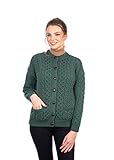 100% lana merina irlandesa Aran chaqueta Cardigan mujeres suéter - verde - Medium