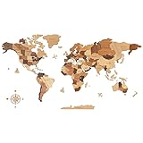Creawoo Mapa del Mundo 3D de Madera para Decoración de Pared, Grande Mapamundi Maciza Natural Multicapa Arte de Pared para Oficina Sala de Estar Dormitorio, Mapamundi de Viaje de Madera-150x85cm