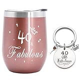 Taza de café de acero inoxidable con grabado, regalo de 40 cumpleaños para mujeres, 40 y fabuloso vaso térmico, regalo inspirador para mujeres, novia, taza de café de oro rosa de 350 ml con llavero
