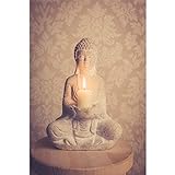 Figura de piedra de Buda sentado 30 cm, Escultura con portavelas para salón o jardín