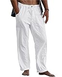 LVCBL Pantalones de Lino para Hombre con Bolsillos con Cordón Cómodos Pantalones de Salón de Playa Blanco M