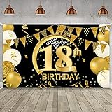 WIWJ 18 Decoración de Fiesta de Cumpleaños de Oro Negro, Extra Grande Póster de Tela Cartel para 18 Aniversario Feliz Cumpleaños Pancarta de Fondo Materiales de Fiesta de Cumpleaños (B-Banner 18)