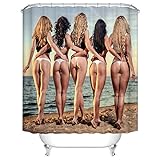 Fangkun Juego de cortinas de ducha para baño, hermosas mujeres desnudas tetonas sexy culo bikini niñas en la playa – Cortinas de baño de poliéster impermeables – 12 ganchos de ducha – 72 x 72 pulgadas
