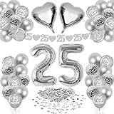 HLEIUKT Decoración para bodas de plata, globos de 25º aniversario de boda, confeti, globos de papel de aluminio, guirnaldas de aniversario de boda, decoración de mesa, globos plateados para decoración