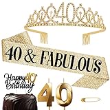 Jonvell 40 Años Corona Banda Cumpleaños Mujer Tiara Corona y Faja de Oro Cinturón de Cumpleaños Corona de Diamantes Velas Topper per Torta di Compleanno 40 Regalo Mujer Cumpleaños Decoración