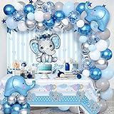 vamei 95 Piezas Decoraciones Niño Baby Shower Elefante Azul Decoraciones de Cumpleaños Decoración de Fiesta Kit Guirnalda Globos de Papel de Aluminio Mantel Fondo para Niños