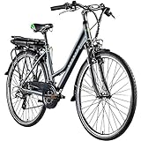 ZÜNDAPP Bicicleta eléctrica Z802 para mujer, 155 – 185 cm, 21 velocidades, hasta 115 km, bicicleta eléctrica de 28 pulgadas con iluminación y pantalla LED, bicicleta de trekking eléctrica (gris/verde)