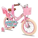 JOYSTAR Little Daisy 12 Inch Kids Cbike para niñas de 2 a 4 años,Bicicleta para niñas con Ruedas de Entrenamiento y Asiento de muñeca y Cesta,Rosa…