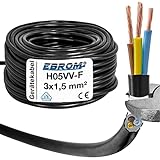 Cable de manguera de plástico redondo H05VV-F 3 x 1,5 mm² 3G1,5 (mm2) – Color: negro 5 m/10 m/15 m/20 m/25 m/30 m/35 m/40 m/45 m/50 m/55 m/60 m, etc. hasta 100 m en 5m seleccionables