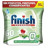 Finish Powerball 0% - Pastillas para el lavavajillas todo en 1 con certificado ecológico, sin perfume, fosfatos - formato 60 unidades