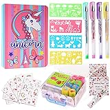 Pinkgarden unicornio diario para niñas, unicornio juego de papelería, cuaderno, bolígrafo, pegatinas, mini sellos, regalo para dibujar escritura para niñas y niños de 4 a 12 años