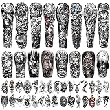 46 hojas de tatuaje temporal impermeable de brazo completo para hombres, tatuajes falsos de esqueleto de flor de reloj para mujeres, cuerpo, mano, antebrazo, hombro, tatuajes temporales 3D