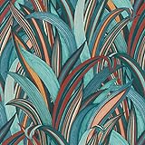 Rasch Papel pintado 541250 de la colección Amazing, papel pintado no tejido, diseño de hojas, color marrón, rojo y azul petróleo con estructura textil, 10,05 m x 53 cm